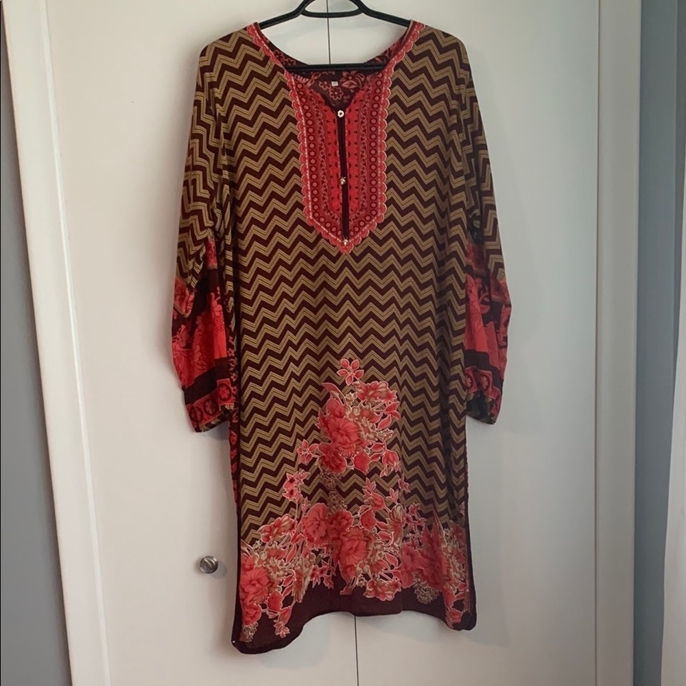 Multicoloured Ethnic Indo Floral Zigzag Kurta Size XL